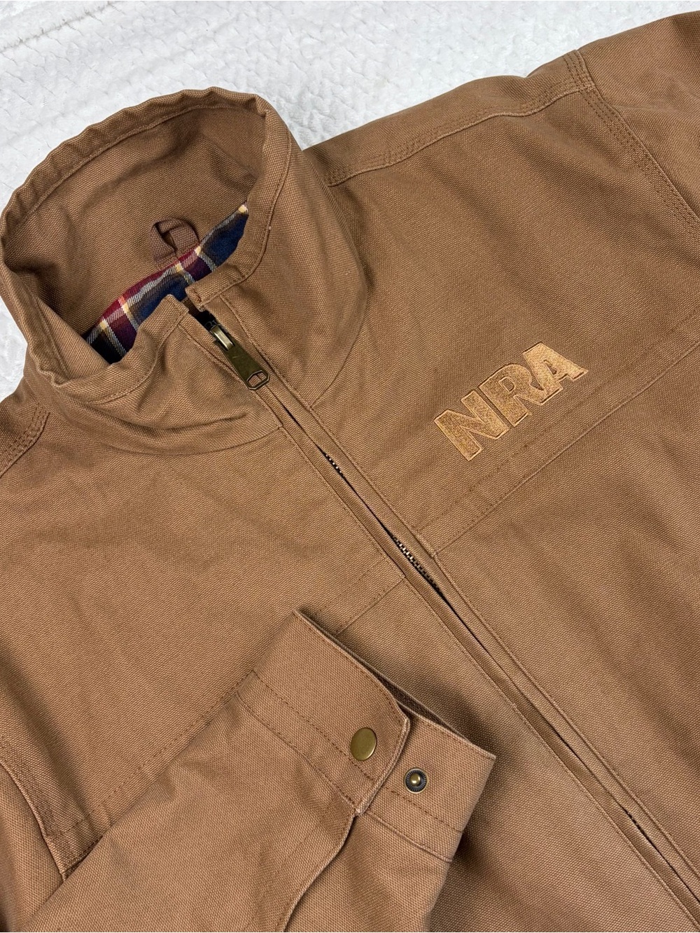 Burks Bay NRA Member Canvas Jacket Brown Flannel Lined Full Zip Workwear Size L